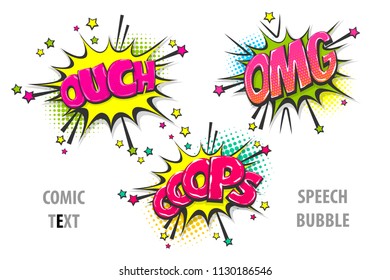 ouch, omg, oops pop art style set hand drawn sound effects template comics book text speech bubble. Halftone dot background.