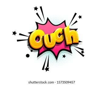 Ouch Oops Cartoon Funny Retro Candy Comic Font. Explosion Isometric Text Shock Phrase Pop Art. Colored Comic Text Speech Bubble. Positive Glossy Sticker Cloud Vector Illustration.