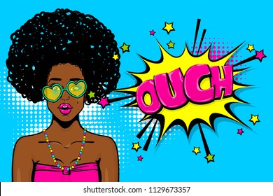 Ouch, Oops, Surprise. Black African-american Young Girl In Glasses. Woman Pop Art. Comic Text Advertise Speech Bubble. Retro Halftone Background.