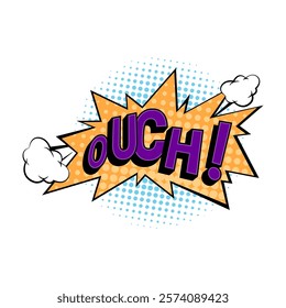 Ouch sound effect for comic books and characters emotion expression. Vector isolated bubble of cloud or explosion with noise to express pain. Personages words or thought, pop art style design