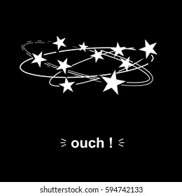 Ouch. sound. Flying stars with orbit traces white color on black background. Dizziness or strike metaphor. Creative design for stickers, cards, t-shirt prints. Simple graphic vector illustration