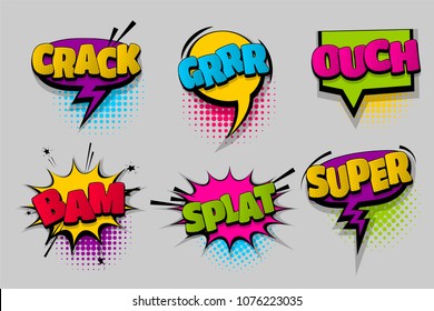 ouch super bam splat  pop set hand drawn pictures effects template comics speech bubble halftone dot background pop art style. Comic dialog cloud. Idea conversation sketch explosion.