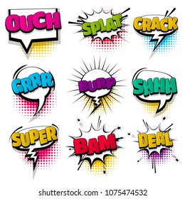ouch super shh bam set hand drawn pictures effects template comics speech bubble halftone dot background pop art style. Comic dialog cloud, text pop-art. Idea conversation sketch explosion.