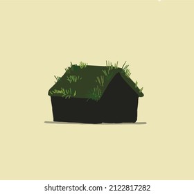 Ouch! what a cute house! Black Norwegian house with a green roof and grass on it.