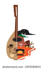 Oud Guitar with Arabian Desert. Editable Clip Art.