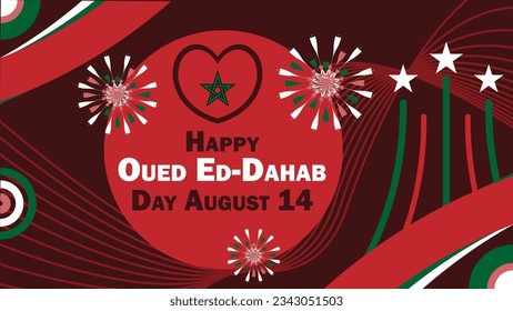 Oued Ed-Dahab Day vector banner design with retro geometric shapes, Morocco and colors, fireworks and typography. Happy Oued Ed-Dahab Day modern minimal graphic poster illustration.