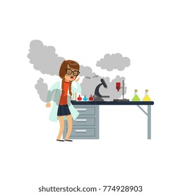  oughing girl after a failed chemical experiment, schoolgirl scientist experimenting in science chemistry laboratory vector Illustration