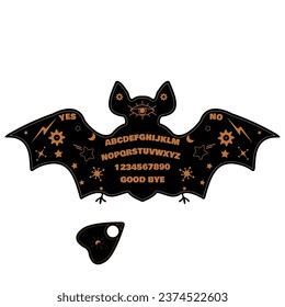 Ouija board with bat design. Witch and magic rithual item, black and orange vector illustration, isolated on white background svg