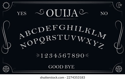 Ouija Board. Schwarz-Weiß-Symbole von Mond, Sonne, Texten und Alphabet. Talking Board und Planchette, die auf den Ebenen für die Kommunikation mit Toten verwendet werden