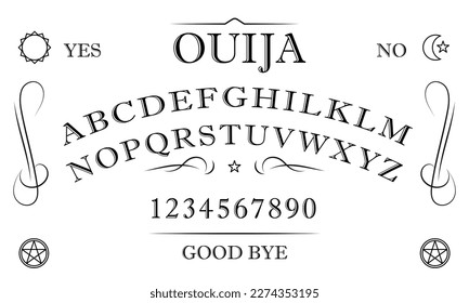 Ouija Board. Schwarz-Weiß-Symbole von Mond, Sonne, Texten und Alphabet. Talking Board und Planchette, die auf den Ebenen für die Kommunikation mit Toten verwendet werden