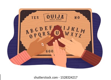 Ouija board. Communicating with ghosts. People conducting a seance using a spiritual board. Top view