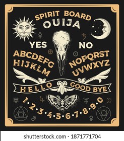 Ouija Board With Crow Skull. Occultism Set. Vector Illustration.