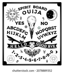 Ouija Board With Crow Skull. Occultism Set. Vector Illustration.