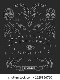 ouija board decorate with human skull, eye, hand, and alphabet. in white line work.