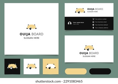 Diseño del logo de la placa Ouija con eslogan editable. Libro de promoción de marca y plantilla de tarjeta de visita.