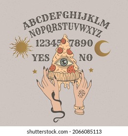 Ouija board with pizza, magic funny vector illustration