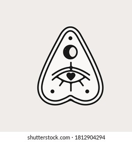 tablero ouija planchette vector mano dibujado en blanco y negro ilustración clip art. alquimia oculta brujería elementos de diseño aislados. bruja de halloween, prácticas espirituales y rituales