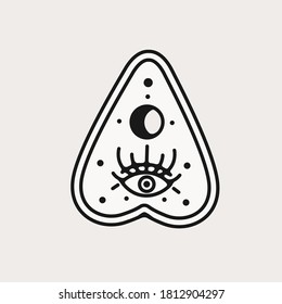 ouija board planchette vector hand drawn black and white illustration clip art. occult alchemy witchcraft isolated design elements. halloween witch , spiritual practices and rituals