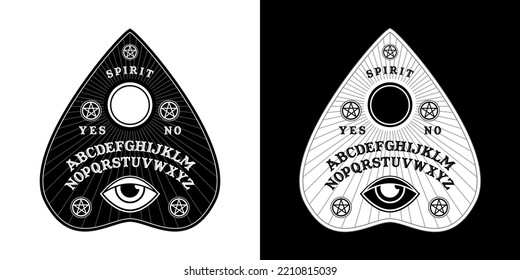 Ouija Board in Pointer shape for halloween party. Planchette play for calling souls and demons. Ghosts and demons calling game wth gothic typography. Black and white symbols of moon ,sun, texts.