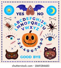 Ouija Board with Pumpkin. Occultism Set. Vector Illustration For Kids.