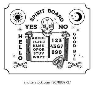 Ouija Board With Skeleton and Old Book. Occultism Set. Vector Illustration.