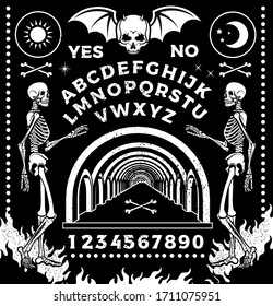 Ouija Board With Skeletons. Occultism Set. Vector Illustration.