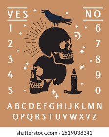 Ouija board, skull, candles, and crows with alphabet. Ghosts and demons calling the game on a gold background