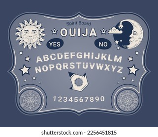 Dibujo plano del diseño vintage del alfabeto occulto de la herramienta gótica gris y negro blanco del tablero de Ouija. Fantasmas y demonios llamando a juego luna de sol y estrellas ritual de brujería esotérica