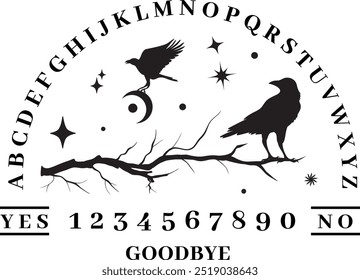 Tablero Ouija. Dos cuervos rodeados de luna y estrellas, textos y alfabeto. Tipografía gótica. Fantasmas y demonios llamando al juego.