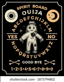 Ouija Board With a Voodoo Doll. Occultism Set. Vector Illustration.