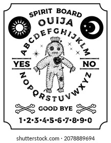 Ouija Board With a Voodoo Doll. Occultism Set. Vector Illustration.