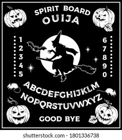 Ouija Board with Witch On  Broomstick. Occultism Set. Vector Illustration.