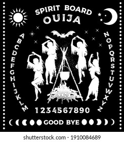 Ouija Boards with Witches Dancing near a Campfire in the meadow. Occultism Set. Vector Illustration.