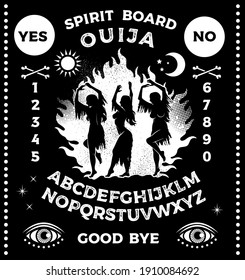 Ouija Boards With Witches Dancing Near A Campfire In The Meadow. Occultism Set. Vector Illustration.