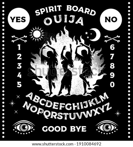 Ouija Boards with Witches Dancing near a Campfire in the meadow. Occultism Set. Vector Illustration.