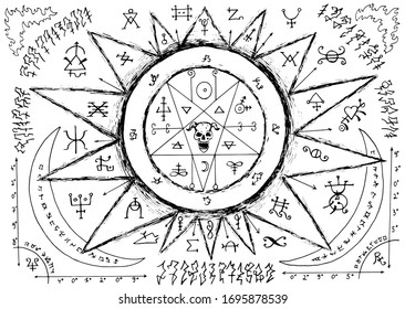 Ouija magic spiritual board design with pentagram, demon  and alchemy signs. Esoteric and occult illustration with mystic symbols. Vector drawing. No foreign language, all elements are fantasy. 