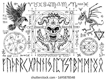 Ouija magic spiritual board design with evil face, runes and pentacle on white background. Esoteric, occult and sacred geometry illustration with mystic and gothic symbols, vector drawing