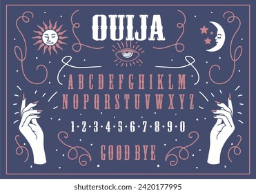 Color azul de la tabla de pentagramas de Ouija. Divinación de Halloween. Mano de mujer y uñas largas. Números y alfabeto. Sol y luna. Diseño de afiches retro. Ilustración vectorial.
