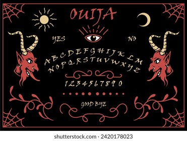 Ouija pentagram board. Halloween divination. Connection with death. devil's head. Numbers and alphabet. Sun and moon. Retro poster design. Vector illustration.
