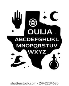Ouija Pentagram Board Symbols. Numbers and alphabet. Witch hat, hand and bottle potion. Retro poster design. Vector illustration.
