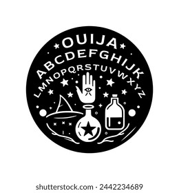 Ouija Pentagram Board Symbols. Numbers and alphabet. Witch hat, hand and bottle potion. Retro poster design. Vector illustration.
