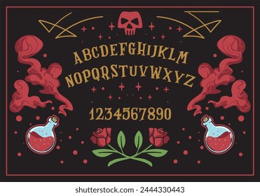 Símbolos de Tablero Pentagrama Ouija. Números y alfabeto. Poción de botella, cabeza de cráneo y Rose . Diseño de póster retro. Ilustración vectorial.
