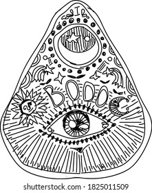 Ouija planchette with eye of providence line art, vector illustration isolated on white. Sketch style hand drawn. Element for halloween 