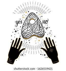 Ouija planchette with hands of fortune teller. Vector illustration isolated on white. Dark gothic witchy vibes.