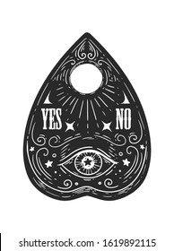 Ouija pointer illustration planchette with eye of providence engraving art,  isolated on white. Sketch style hand drawn. Element for occult magic halloween or pagan witchcraft theme.