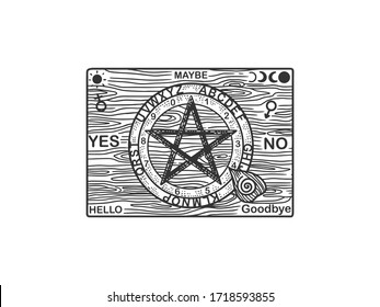 ouija spirit talking board sketch engraving vector illustration. T-shirt apparel print design. Scratch board imitation. Black and white hand drawn image.