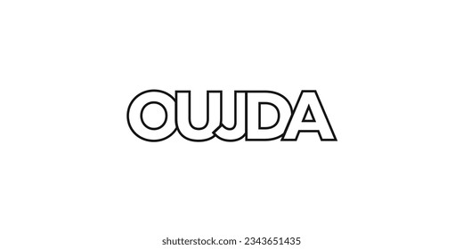 Oujda in the Morocco emblem for print and web. Design features geometric style, vector illustration with bold typography in modern font. Graphic slogan lettering isolated on white background.