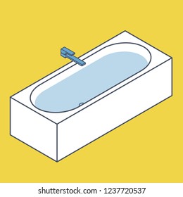 Oulined bathtub filled with water. Vector bath tub in isometric perspective. Sanitary equipment purchased with modern water battery tap. Blue yellow symbol illustration
