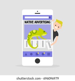 oung blond character peeking out from behind the smartphone. Chameleon as a metaphor of native ads / flat editable vector illustration, clip art