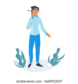 oung man talking over the phone on white background. Happy young man using smartphone.